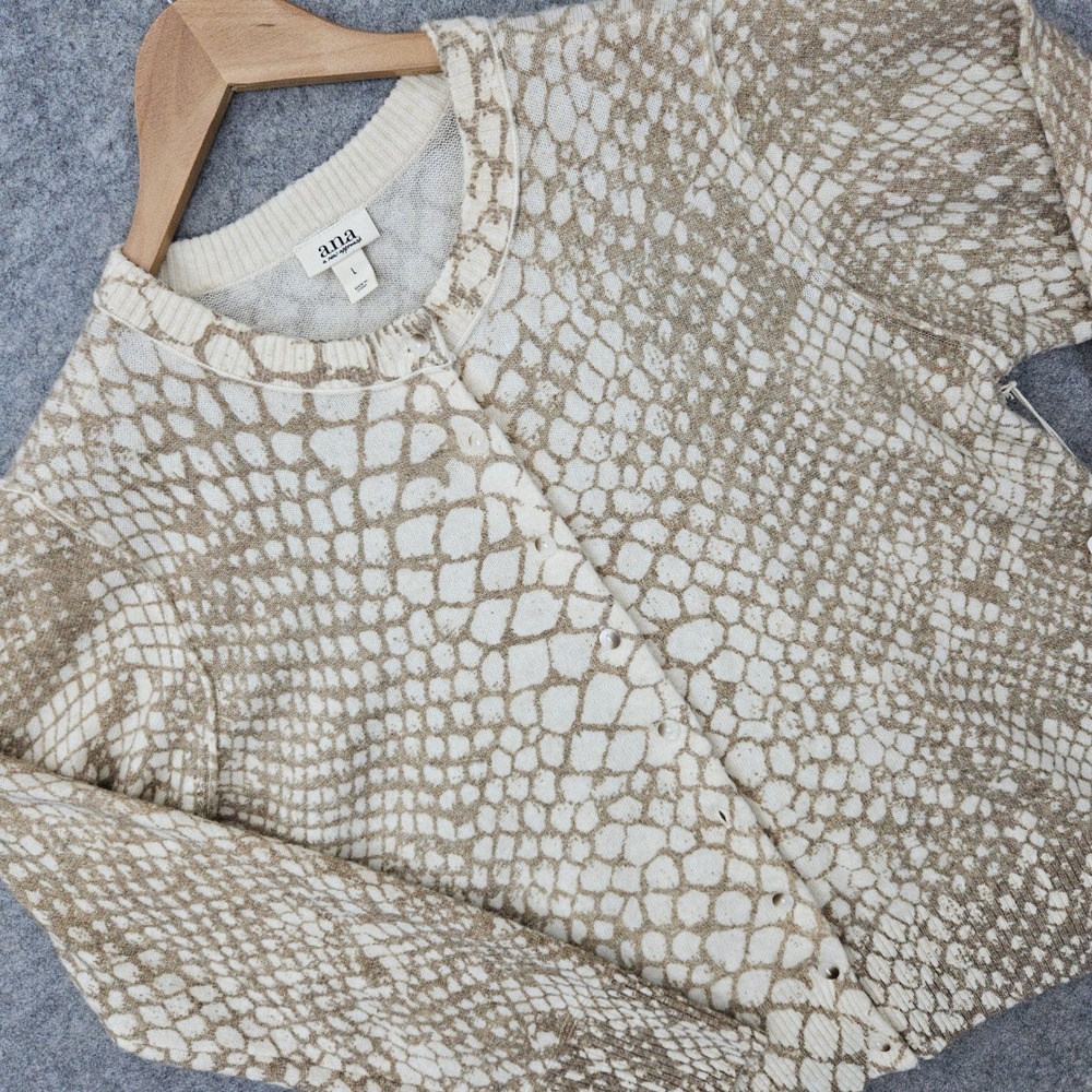 NEW Ana Cardigan Womens Large Beige Snake Print Button Front Crew Knit Sweater